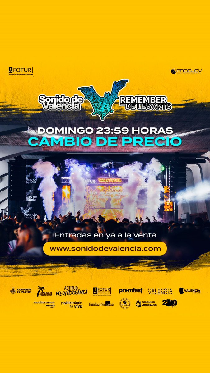 HeavenVlc's tweet photo. 🦇SONIDO DE VALENCIA-REMEMBER DE LES ARTS
 Este domingo a las 23:59 horas se realizará el cambio de precio.
✅Precio más asequible
🗓️ 1 de Marzo 2025
🙌Tardeo+Noche
🎟️ Asegura tu entrada 
👉🏼Entradas ya a la venta en https://t.co/q7nMKoVyUS

#sonidodevalencia #Valencia #remember https://t.co/Pp670gJjzS