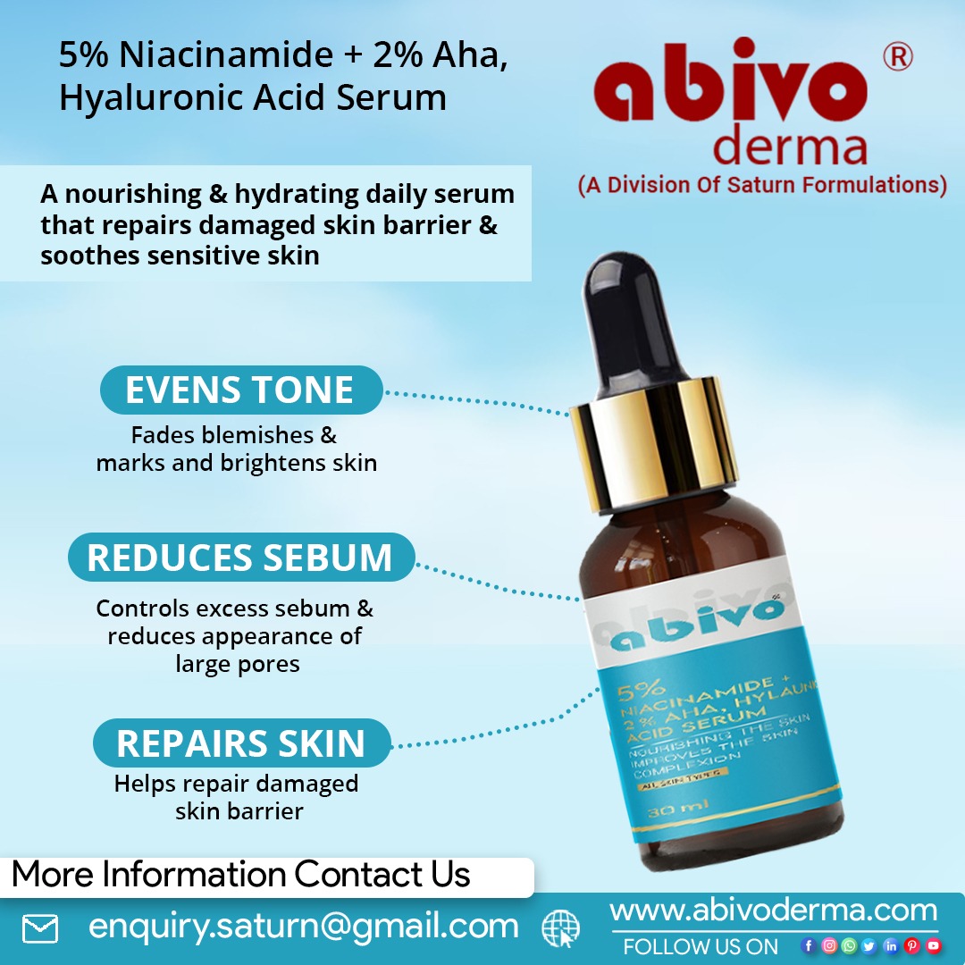 SaturnFormulat5's tweet image. #5%Niacinamide2%AHAHyaluronicAcidSerum from #AbivoDerma division of #SaturnFormulations! ✨Fights blemishes &amp;amp; Strengthens Skin Barrier #RadiantGlow 
✨Deep hydration for Plump, Healthy Skin. 
Available in #DermaPCDFranchise &amp;amp; #ThirdPartyManufacturing 
🌐saturnformulations.in/5-niacinamide-…