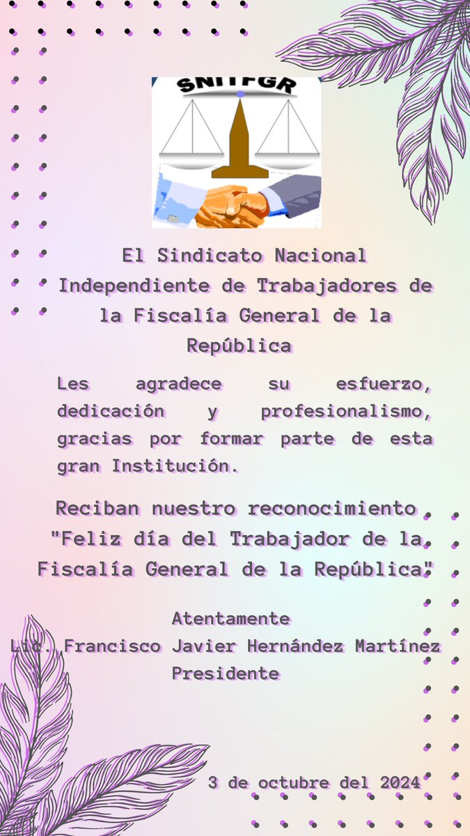 A todos nuestros compañeros trabajadores, el reconocimiento a su esfuerzo diario, gracias por dar siempre su mejor esfuerzo.
Felicidades en su dia.
"Feliz día del trabajador de la FGR".
Fraternalmente 
Comité Ejecutivo Nacional