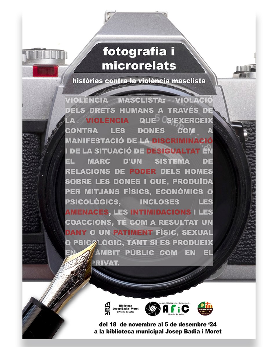 Segona fase del projecte "Fotografia i microrelats: històries contra la violència masclista".

Trobaràs les fotografies seleccionades aquí: ametlla.cat/actualitat/not…

#AmetlladelVallès