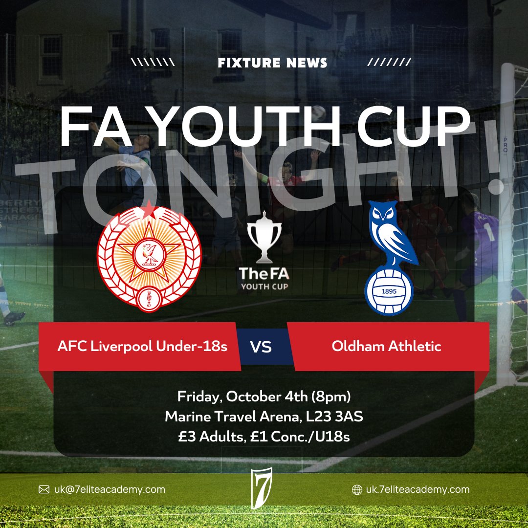 FA YOUTH CUP 🇬🇧🇺🇸🇹🇿 It's matchday for our #PlayerPathway partners @AFCLIverpool Under-18s, as they host @officialoafc in the #FAYouthCup 🏆

⏰ Friday, October 4th (8pm)
📍 Marine Travel Arena - L23 3AS
🎟 £3 Adults, £1 Under-18s/Concessions

#7EliteAcademyUK