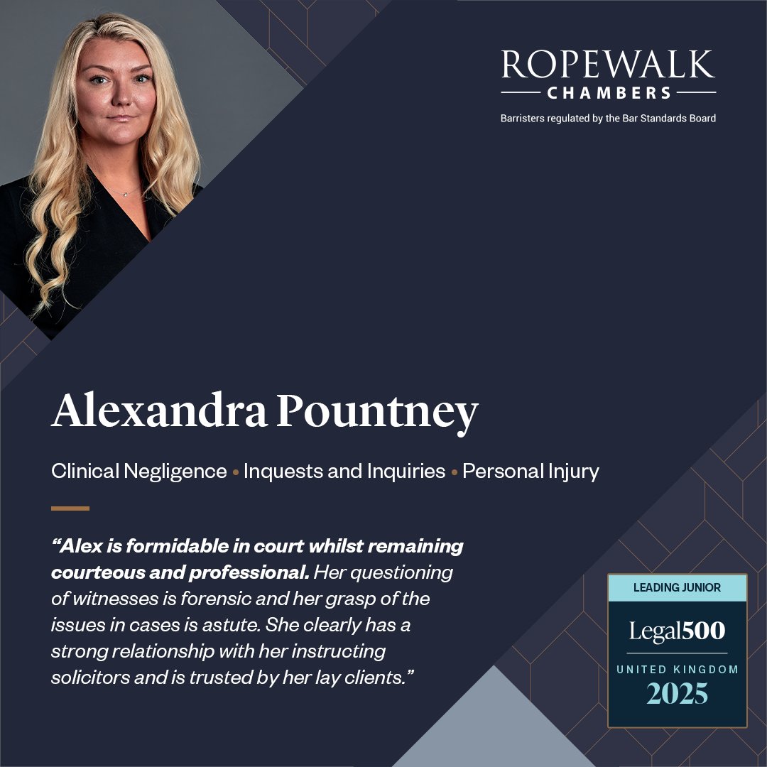 ropewalklaw's tweet photo. Our congratulations to Alexandra Pountney who has been ranked as a Leading Junior in the 2025 edition of The Legal 500. Alexandra is ranked in Clinical Negligence, Inquests and Inquires and Personal Injury.

Alexandra is currently on maternity leave, returning on 3 February 2025.

For more on Alexandra's practice: https://t.co/HuDhmdVinO