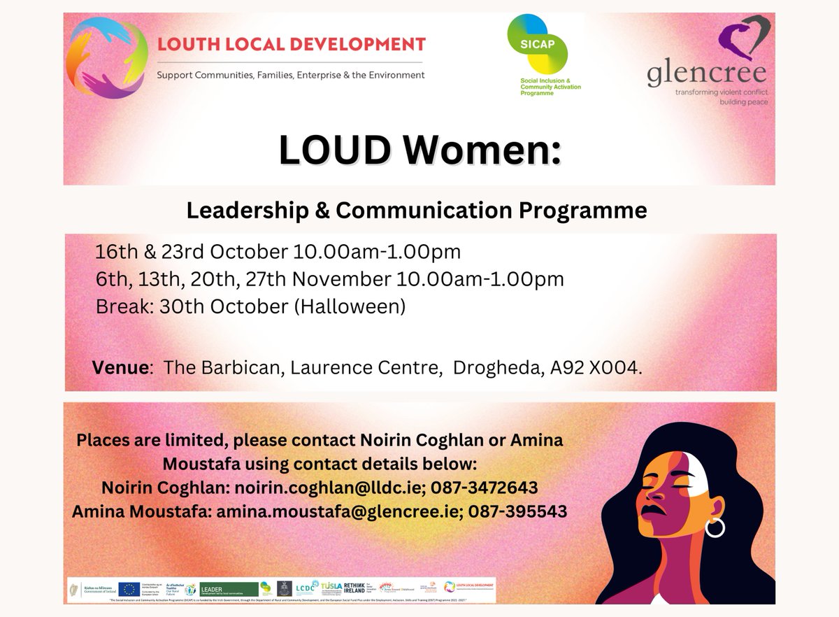 📢 #Women in County #Louth 📢

Our Women's Leadership Programme &amp; @LouthLocalDev have launched #LOUDWomen, a free 6-week Leadership &amp; Communications programme specially for you. ℹ️ glencree.ie/l/loud-women/

#womensvoices
