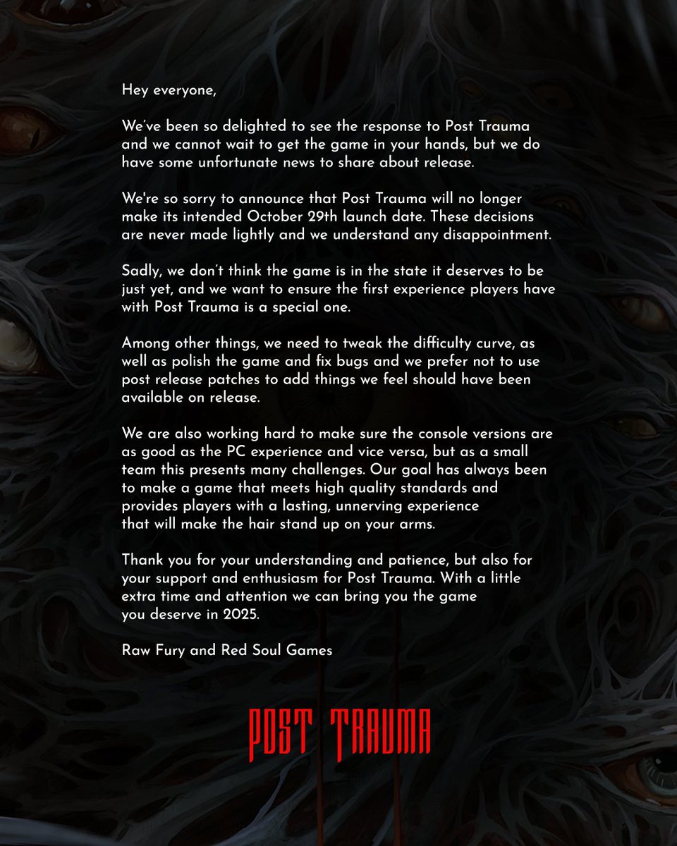 PostTraumaGame's tweet photo. Hello everyone, 

I have some bittersweet news to share, sad because I want to get the game in your hands as soon as possible but good because I know this is the best thing for the game.

Please take a look at the full statement below.

-Roberto https://t.co/z83pUYEJsN