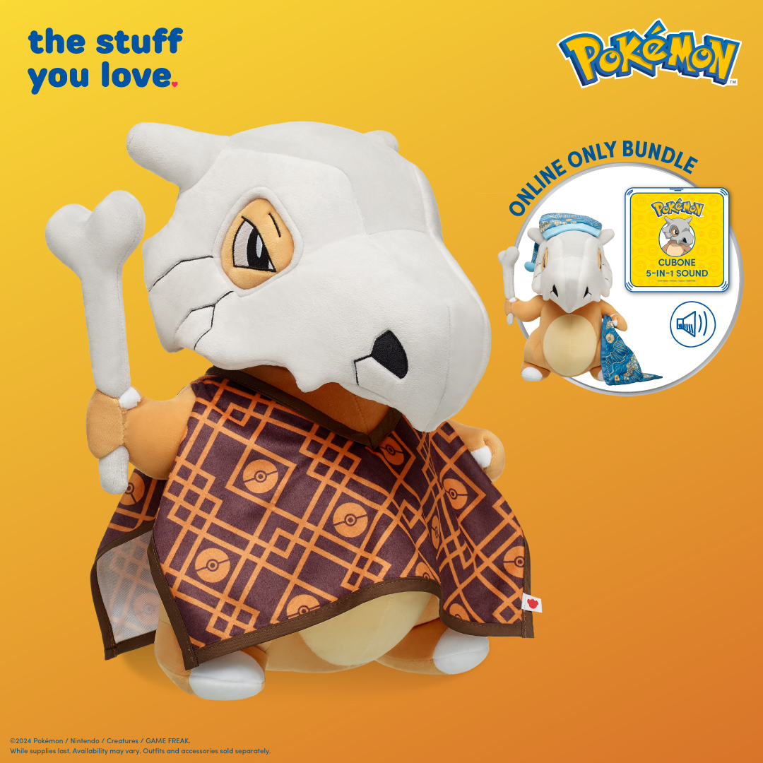 buildabear's tweet photo. Pokémon Trainers! Cubone is our newest plush ready to join your lineup. Known for never removing its skull helmet, this Pokémon’s real face is still a mystery. Its online bundle includes its poncho, hat and blanket!​ 
#TheStuffYouLove

US: https://t.co/bVw8G0ZeZJ

*Now available online in the USA, coming soon to North America stores and UK online and in stores.