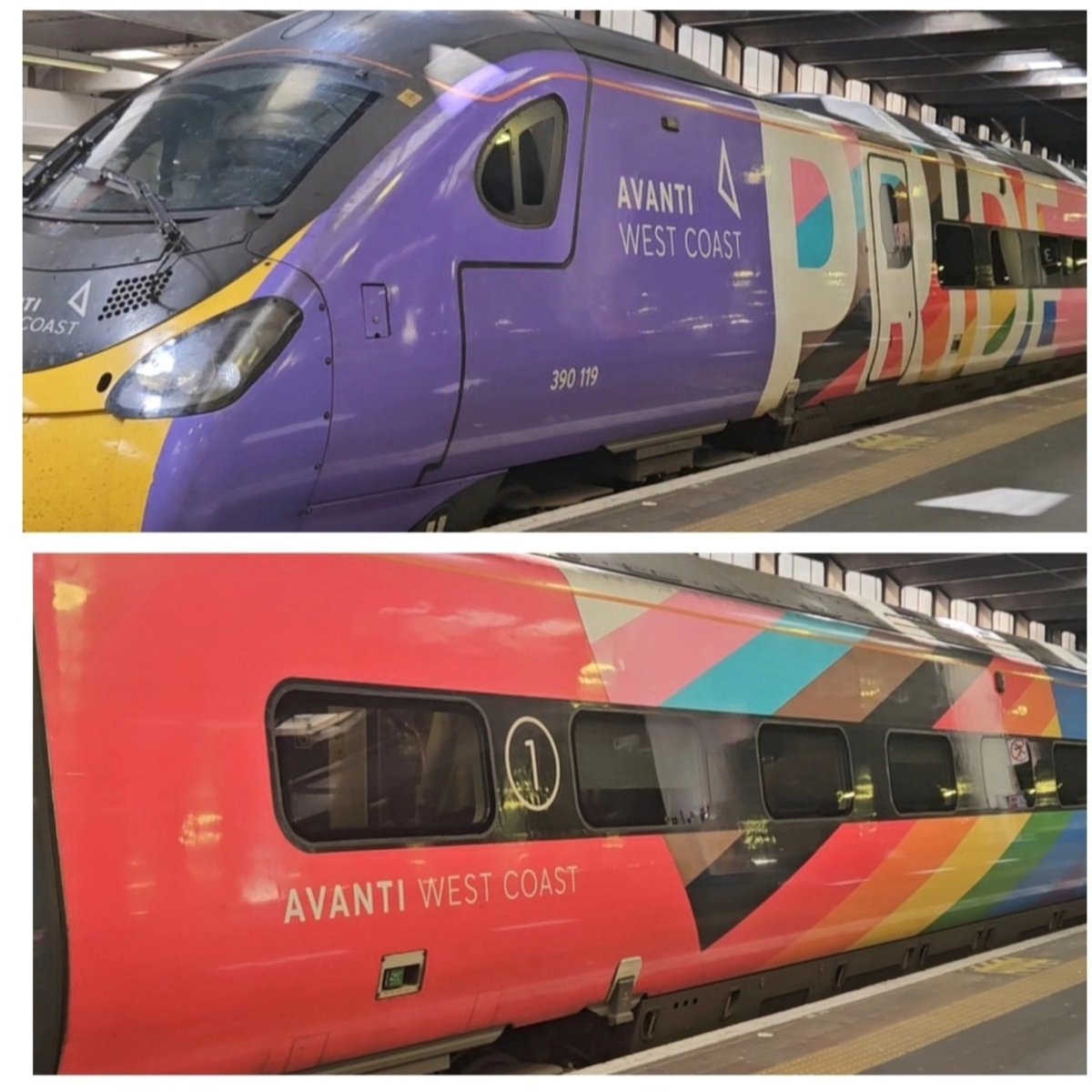 Matt_Hill_UK's tweet photo. Finally got round to riding this magnificent #TrainBow #Pride train from #AvantiWestCoast
#Pridelino 390119
Just popped the number in RTT and saw it was at Euston, so off I went.
#ProgressTrain.
My journey London Euston ~ Nuneaton. https://t.co/3kUYK46MpQ