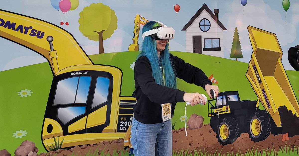 Getting to grips with the controls of the VR digger in <a href="/DigVRgame/">Dig VR | OUT NOW on Steam VR & PS VR2!👷</a>. I may have knocked over some cones, but I did dig a hole and unload the mud. All good fun!!!! 😃 <a href="/Diggerland_UK/">Diggerland UK</a>