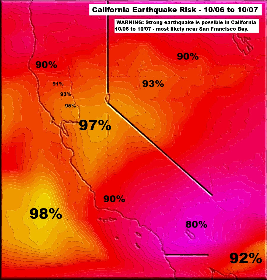 Quakeprediction's tweet photo. 🚨 WARNING: A strong earthquake is likely in the San Francisco Bay or near the Salton Sea between 10/06 and 10/07. Please alert friends and family to stay prepared and stay safe. 🌍🔵 #EarthquakeWarning #StaySafe #CaliforniaAlert - https://t.co/RlS7BtC6Dh https://t.co/hiYZtA3usL