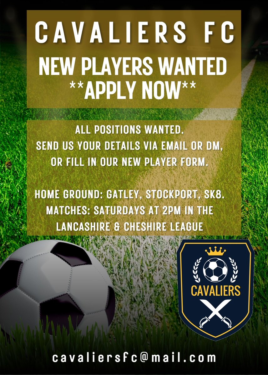 Cavaliers FC (@cavaliers_f_c) on Twitter photo We are looking for some new additions to our squad as we aim to build through the season. All positions wanted, so get in touch with your details via our player form - tally.so/r/mDd8Xp.
<a href="/FreeAgentsFC/">Free Agent Showcase</a> <a href="/NonLeagueGuys/">The Non League Promoters</a> <a href="/Player1stUK/">Players 1st UK</a> <a href="/purelyplayers/">Purely Players - 🏴 #FFFUK</a> <a href="/findmeaplayer/">Find Me A Player</a> <a href="/tonyssoccer/">TONY’S SOCCER SCHOOL</a> We are looking for some new additions to our squad as we aim to build through the season. All positions wanted, so get in touch with your details via our player form - tally.so/r/mDd8Xp.
<a href="/FreeAgentsFC/">Free Agent Showcase</a> <a href="/NonLeagueGuys/">The Non League Promoters</a> <a href="/Player1stUK/">Players 1st UK</a> <a href="/purelyplayers/">Purely Players - 🏴 #FFFUK</a> <a href="/findmeaplayer/">Find Me A Player</a> <a href="/tonyssoccer/">TONY’S SOCCER SCHOOL</a>