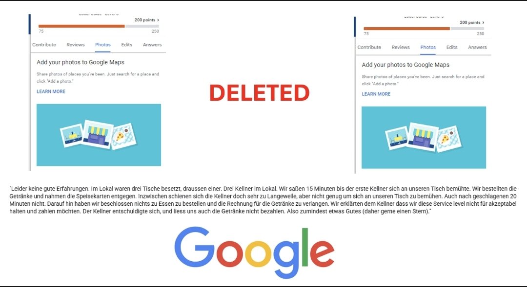 AConsumer4's tweet photo. (1 of 2) After @GoogleDE received a complaint that my review was allegedly incriminating (text below), it decided to remove it, without explaining which parts are considered incriminating. (2 of 2 to follow) https://t.co/Fz2qVee9jV
