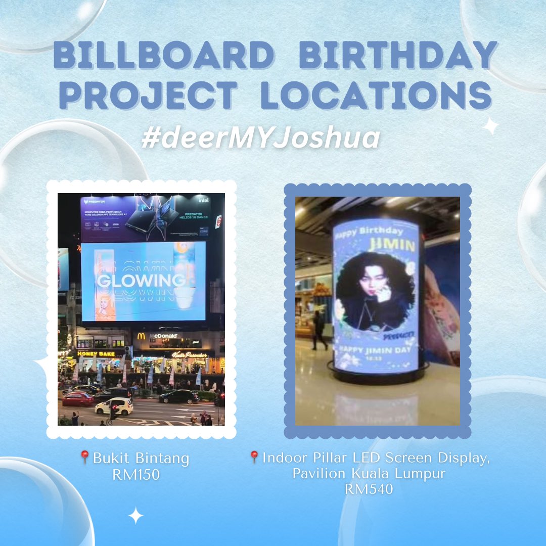 1LOVEKMG's tweet image. carats, we’re excited to share the targeted locations for Joshua’s birthday ads 🎂!

📍bukit bintang (outdoor)
📍pavilion KL (indoor)

our funds have reached 38.4% of our goals so far, let’s keep the momentum going!

donation link : docs.google.com/forms/d/e/1FAI…