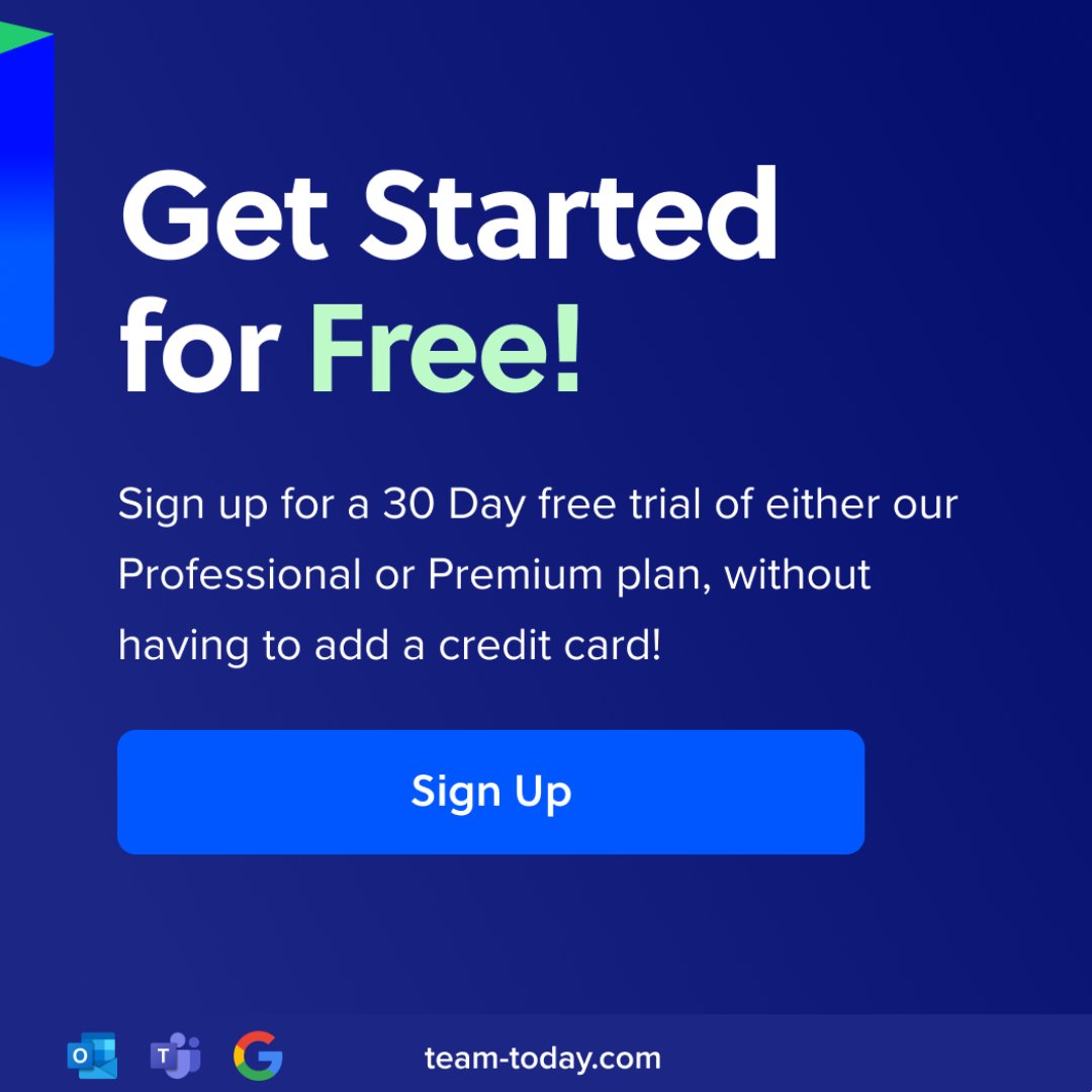 No Credit Card Needed 🚫

That’s right, sign up for a 30 Day free trial of either our Professional or Premium plan, without having to add a credit card!

No surprise fees. No unwelcome invoices.

See what’s included at each pricing tier: team-today.com/pricing

#hotdesking
