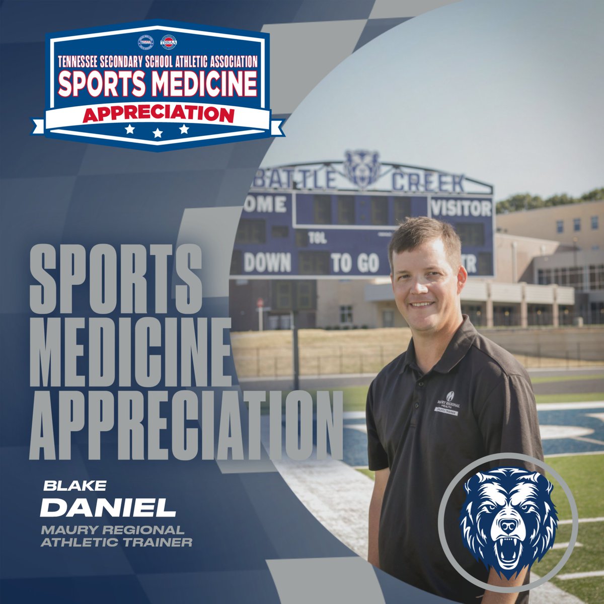 We are joining <a href="/TSSAA/">TSSAA</a> this week and celebrating our Sports Medicine professionals that help keep our student athletes safe.  Shout out to our man Blake for always keeping us #ReadyforBattle
<a href="/MauryRegional/">Maury Regional Health</a>