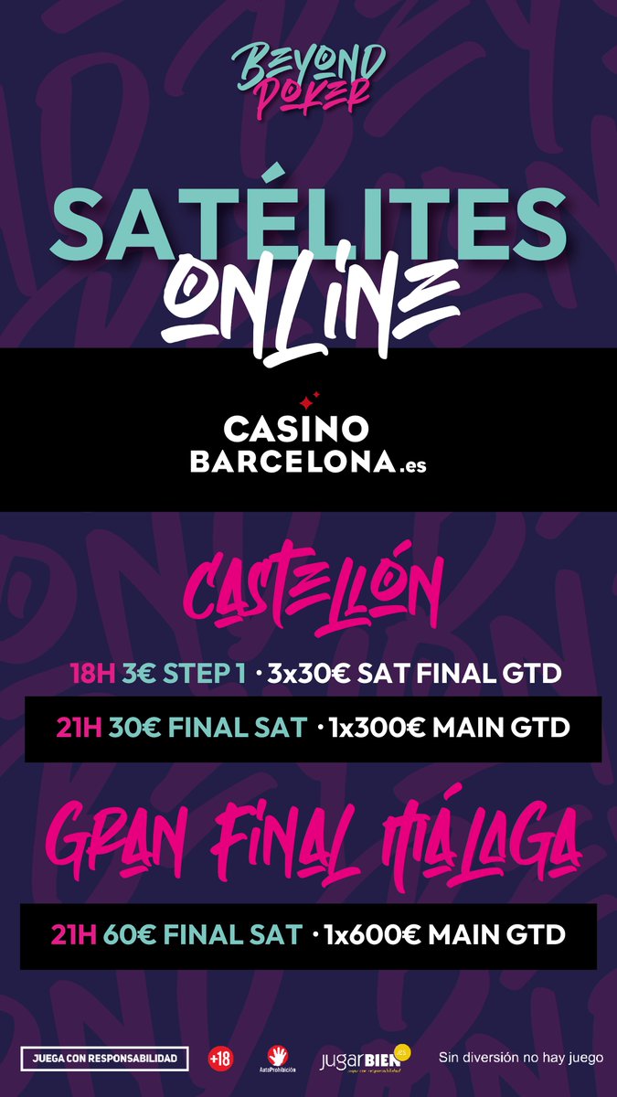 Beyond_Poker's tweet photo. 🔥Hoy clasifícate para las Beyond

Step Castellón
Entrada para las Junior en Castellón
Entrada para la gran final en Málaga

⏲️ 18:00h
💰 3€ Step 1
💶 x3 Entry Final Sat 3x30€ Gtd

⏲️ 21:00h
💰 30€ Final Sat
💶 x1 Entry Main Castellón 300€ Gtd

⏲️ 21:00h
💰 60€ Final Sat
💶 x1 Entry Main Málaga 600€ Gtd

🔥 @CasinoBcnES

🚀¡Sed puntuales!