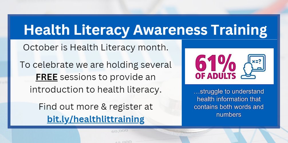 Barts Health Knowledge and Library Services (@bartsnhslibrary) on Twitter photo October is #HealthLiteracyMonth!
Join us for a health literacy awareness training session - open to anyone working in <a href="/NHSBartsHealth/">Barts Health</a> <a href="/NHS_NELondon/">NHS North East London</a> <a href="/NELHCP/">North East London Health and Care Partnership</a>
Book your place at bit.ly/healthlittrain… Multiple dates/times available. October is #HealthLiteracyMonth!
Join us for a health literacy awareness training session - open to anyone working in <a href="/NHSBartsHealth/">Barts Health</a> <a href="/NHS_NELondon/">NHS North East London</a> <a href="/NELHCP/">North East London Health and Care Partnership</a>
Book your place at bit.ly/healthlittrain… Multiple dates/times available.