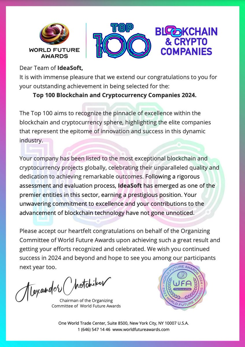 io_ideasoft's tweet photo. π IdeaSoft won the Top 100 Crypto and Blockchain Companies nomination by the World Future Awards 2024! π
Thanks to our incredible community and partners for making this possible! π
πΊ Read more: https://t.co/gMZT1FZ1TZ
#Top100Crypto #BlockchainTechnology #BlockchainLife2024 #WFA #Awardwinning #crypto #Blockchain #Web3