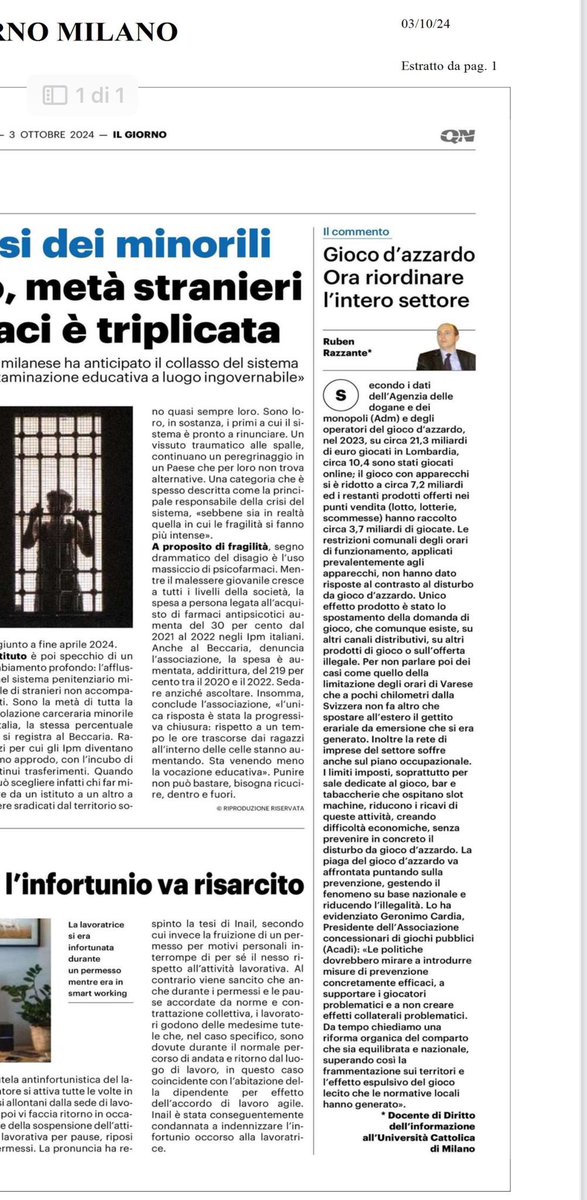 Su il <a href="/qn_giorno/">Il Giorno</a> il commento del Prof. <a href="/RubenRazzante/">Ruben Razzante</a> sul riordino del settore #giocolegale con la dichiarazione del Presidente #Acadi <a href="/Geronimo_Cardia/">Geronimo Cardia</a>