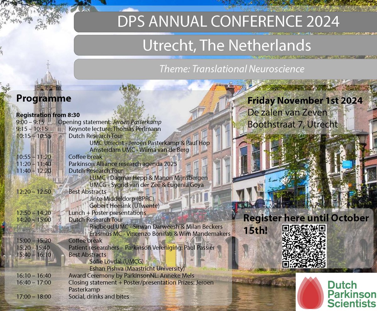 DPSConference24's tweet image. 🚨 DPS Conference 2024 final program is here! 🚨
Join us Nov 1st in Utrecht for talks on Translational Neuroscience, with keynote Prof. Dr. Thomas Perlmann. ⏳ Register by Oct 15th!
🔗 Register: forms.office.com/e/UaGsuhnZuc
#DPSConference2024 #ParkinsonResearch