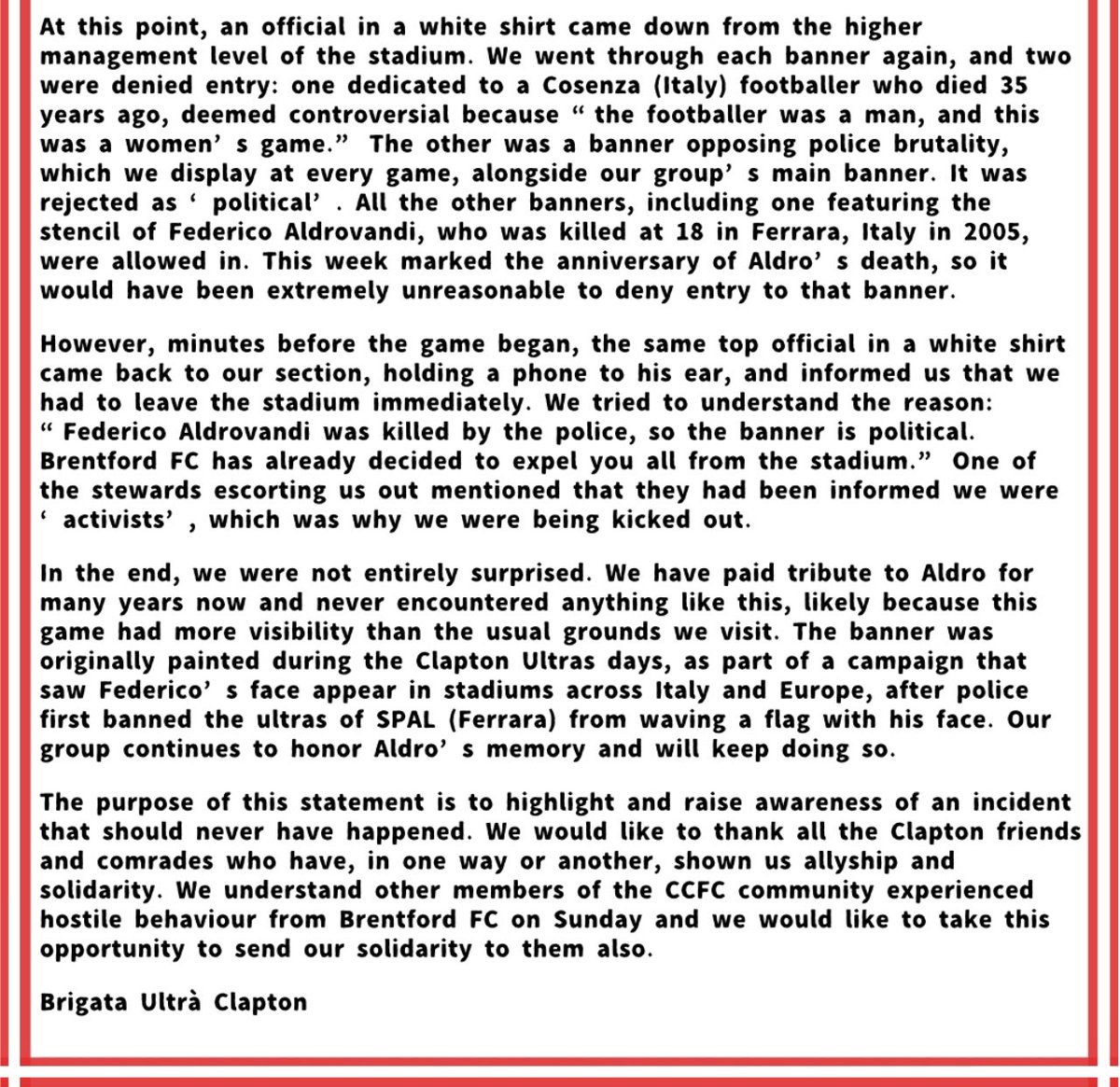 Statement from the BUC regarding fans treatment at Brentford last Sunday.