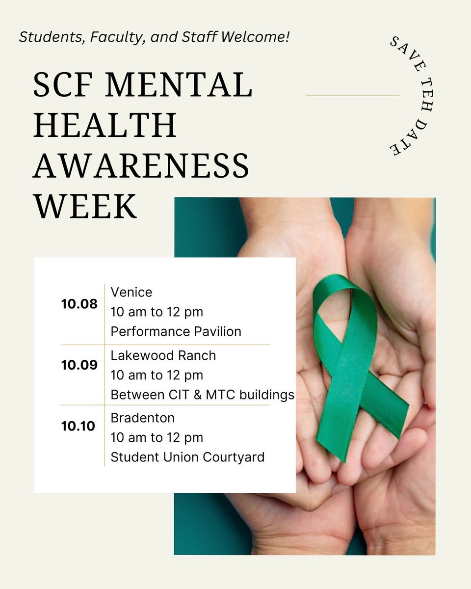 💚SCF Mental Health Awareness Week💚

Oct. 8th - Venice Campus 10am-12pm
Oct. 9th - LWR Campus 10am-12pm
Oct. 10th - Bradenton Campus 10am-12pm

Students, Faculty, and Staff Welcome!