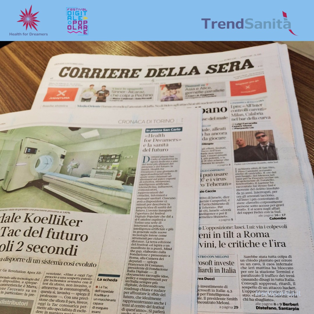 TrendSanita's tweet image. 🗞️ 𝗛𝗲𝗮𝗹𝘁𝗵 𝗳𝗼𝗿 𝗗𝗿𝗲𝗮𝗺𝗲𝗿𝘀 e la 𝘀𝗮𝗻𝗶𝘁𝗮̀ 𝗱𝗲𝗹 𝗳𝘂𝘁𝘂𝗿𝗼: su @CorriereTorino l'articolo di @simonadeciero 

📰 Leggi l'articolo online: torino.corriere.it/notizie/salute…

📍Ti aspettiamo venerdì 4 ottobre, in piazza San Carlo dalle 14
#FestivalDigitalePopolare #H4D