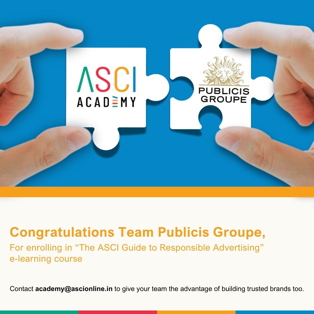 ascionline's tweet image. We applaud @PublicisGroupe for their dedication to responsible advertising by enrolling key team members in the e-learning course, ‘The ASCI Guide to Responsible Advertising’

Discover how ASCI Academy can benefit your team by contacting us at academy@ascionline.in

 #ASCIAcademy
