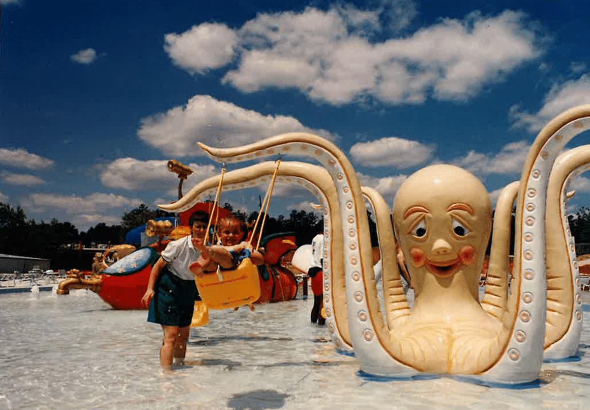 Recognize these photos? Some of these snapshots date back to the 1990s 📟 The look of Happy Harbor has changed dramatically throughout the years, but the colorful slides and water features have always defined our biggest and most popular children's area 🎉 

#ThrowbackThursday