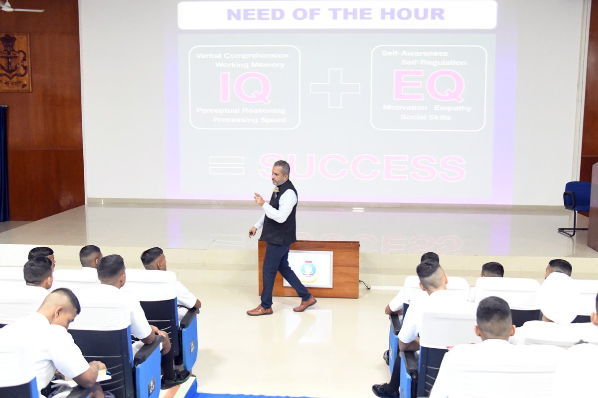 IN_NavalAcademy's tweet photo. Emotional Quotient & Emotional Intelligence seminar conducted at #INA for cadets. Cadets sharpened their emotional awareness, discipline & resilience, embodying the core values of #Duty, #Honour & #Courage. Preparing future leaders in every sense! @IN_HQSNC #MilitaryValues. https://t.co/2rDQ988aR4