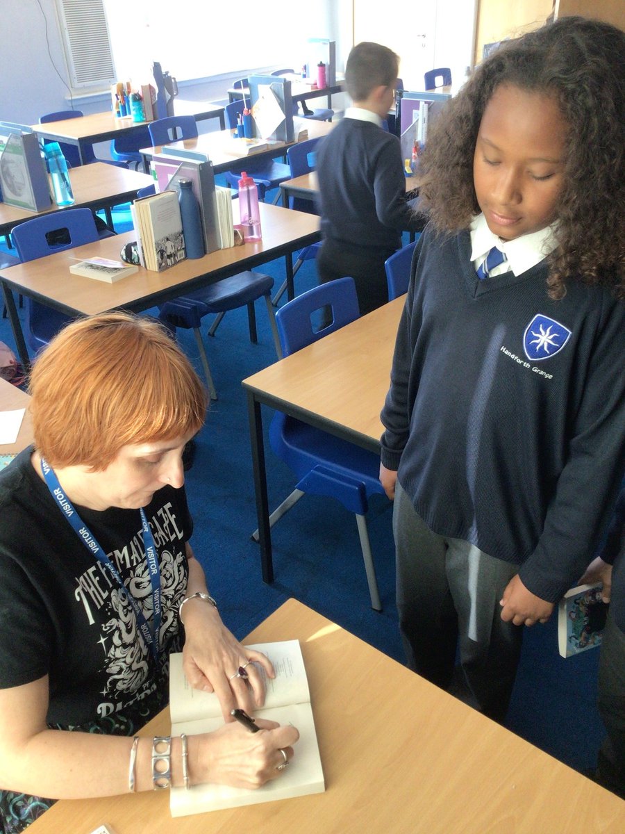 HandforthGrange's tweet photo. Yesterday, we were very lucky to have author Marie Basting come to school to talk to Year 5 and 6 about her new book 🐍 ‘Auntie Medusa and Me’ 🐍.

We played a game called ‘Truth or Porky Pie’ then got up to mischief – just like the characters in her stories!

@riewriting https://t.co/x07c7Ksb64