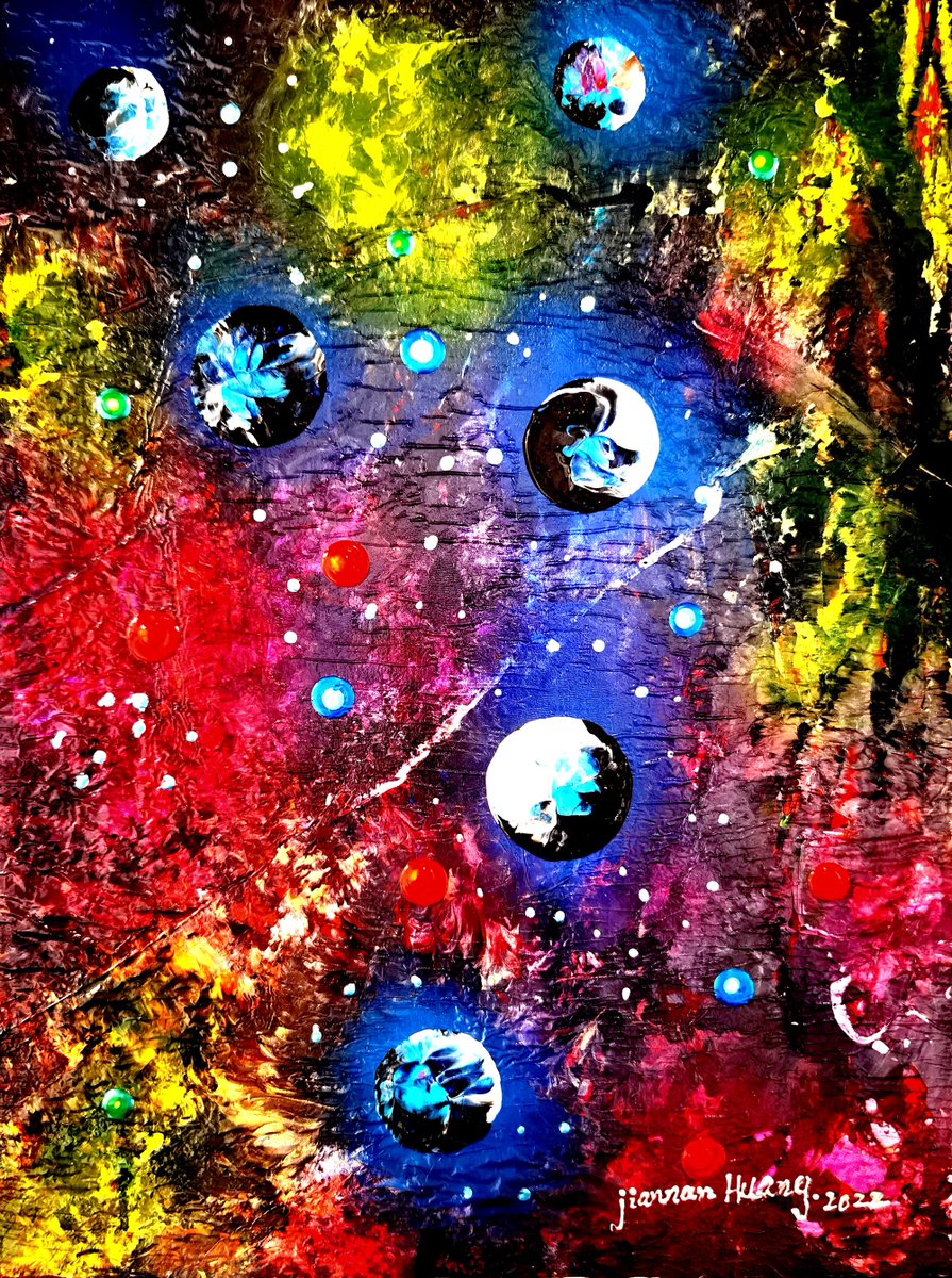 Nebula Oasis，2022

This piece depicts a vibrant cosmic scene with rich colors. The background blends red, yellow, green, and blue, dotted with round shapes resembling planets and stars. The overall composition feels dynamic and full of depth.