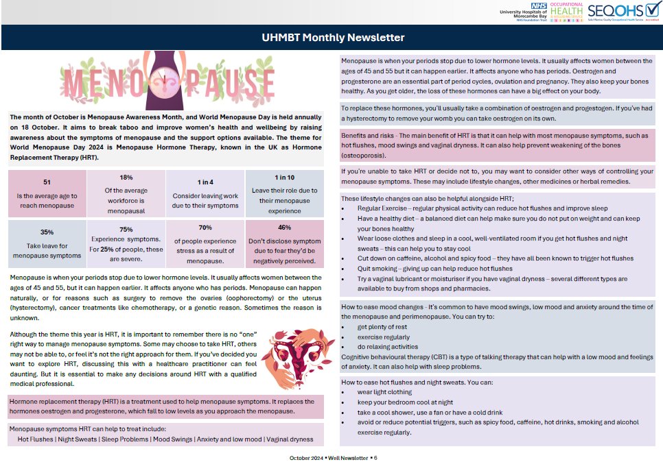 UHMBTOccHealth (@uhmbt_occhealth) on Twitter photo The theme for World Menopause Day 2024 is Menopause Hormone Therapy, known in the UK as Hormone Replacement Therapy (HRT).💜Menopause Day aims to break taboo & improve women’s health and wellbeing by raising awareness about the symptoms of menopause & support options available The theme for World Menopause Day 2024 is Menopause Hormone Therapy, known in the UK as Hormone Replacement Therapy (HRT).💜Menopause Day aims to break taboo & improve women’s health and wellbeing by raising awareness about the symptoms of menopause & support options available