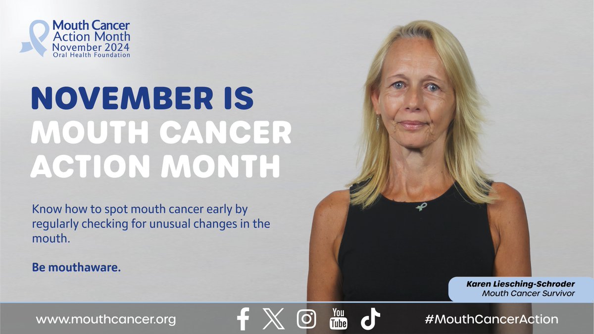 dentalhealthorg's tweet photo. We are now just one month away from #MouthCancerAction month. 

Learn what mouth cancer is like from the people who have been through it this November. Karen (pictured) and our other incredible ambassadors share their stories online so we can all #BeMouthaware. https://t.co/2ZJ9qqLj1c