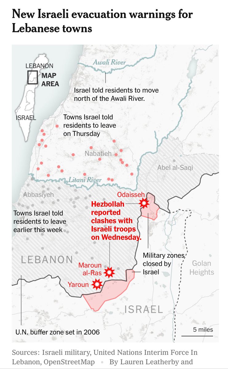 Euan Ward (@euanward_) on Twitter photo The Israeli military’s evacuation orders are now expanding north in Lebanon, beyond the Litani River — outside a buffer area established by the U.N. at the end of the 2006 war.
Excellent graphic via <a href="/LaurenLeatherby/">Lauren Leatherby</a> <a href="/nytimes/">The New York Times</a> The Israeli military’s evacuation orders are now expanding north in Lebanon, beyond the Litani River — outside a buffer area established by the U.N. at the end of the 2006 war.
Excellent graphic via <a href="/LaurenLeatherby/">Lauren Leatherby</a> <a href="/nytimes/">The New York Times</a>