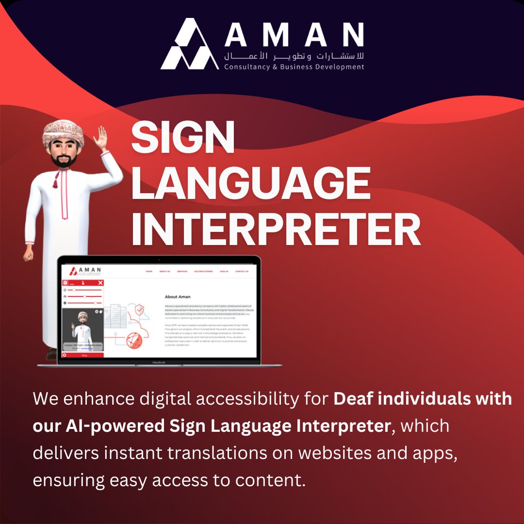 AMAN_CBD's tweet image. At AMAN, we make websites and apps accessible for Deaf individuals with our AI-powered Sign Language Interpreter. #AccessibilityInTech #SmartTranslator #signlanguage
