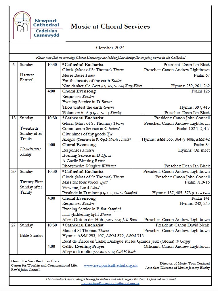 Hot off the press, this month's music list for the Cathedral.