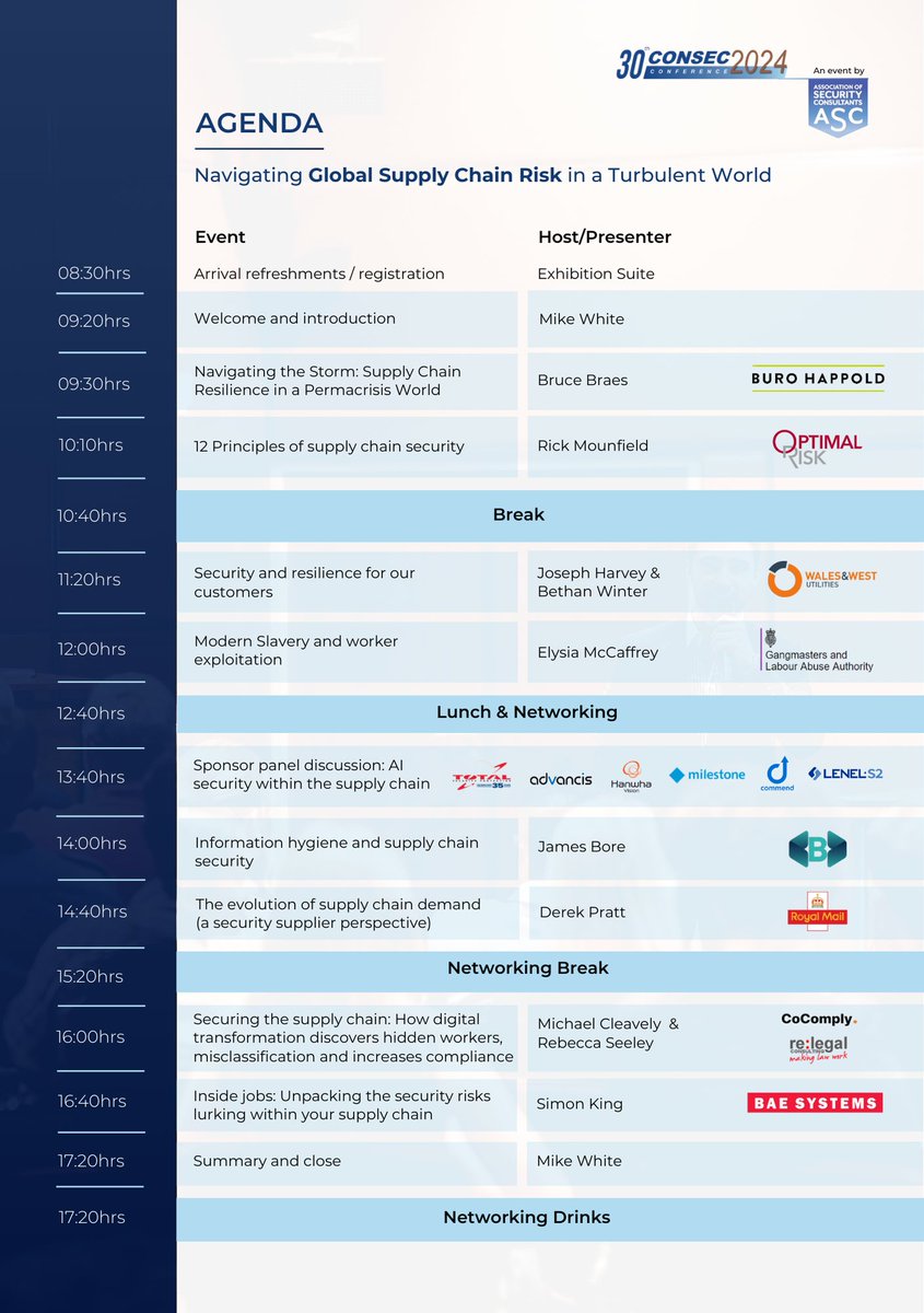 assocsecurity's tweet image. The 30th CONSEC is just around the corner, and it&apos;s going to be an exciting day!

We have a lineup of some fantastic speakers who will bring different perspectives.

Register for free now - securityconsultants.org.uk/events/consec.

#CONSEC #ASCannualevent #AI #ASCAwards   #Security