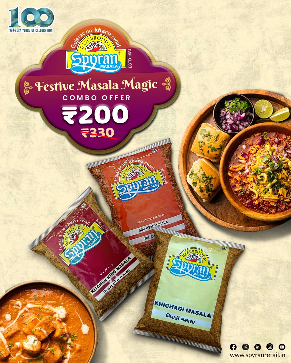 SpyranRetail's tweet image. ✨ Festive Masala Magic! ✨  Transform your festive meals with our Special Combo Offer featuring Kitchen King Masala, Sev Usal Masala, and Khichdi Masala — all for just ₹200 (MRP ₹330)!   Stock up now!
spyranretail.in/product/festiv…   #Festivals #KitchenKingMasala #SevUsalMasala