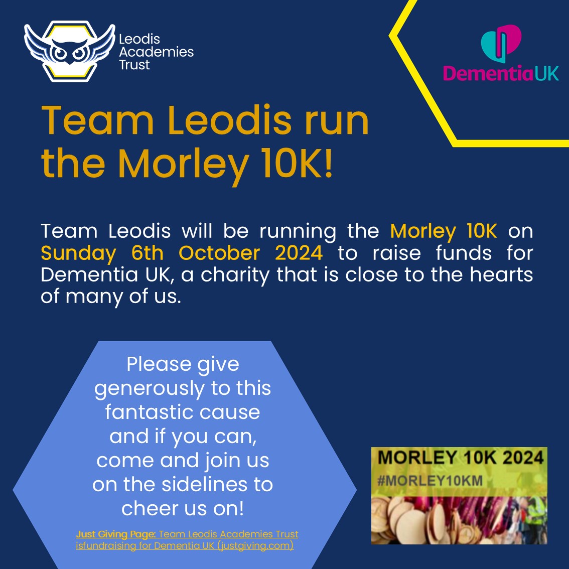 Team Leodis will be running the Morley 10K on Sunday 6th October 2024 to raise funds for Dementia UK, a charity that is close to the hearts of many of us. Please give generously and come and cheer us on from the sidelines! Just Giving Link: bit.ly/3zKBaiA