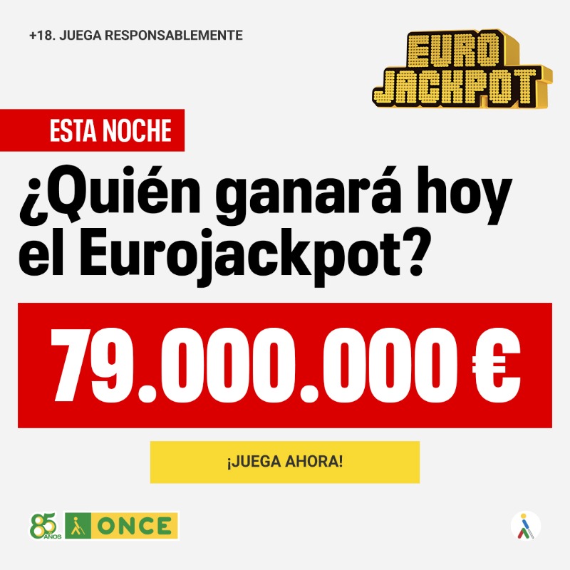 JuegosONCE's tweet photo. ⏰ Esta noche, ¡no te pierdas el bote de 79.000.000 € que hay en el Eurojackpot de la ONCE! 👉¡Prueba suerte!
