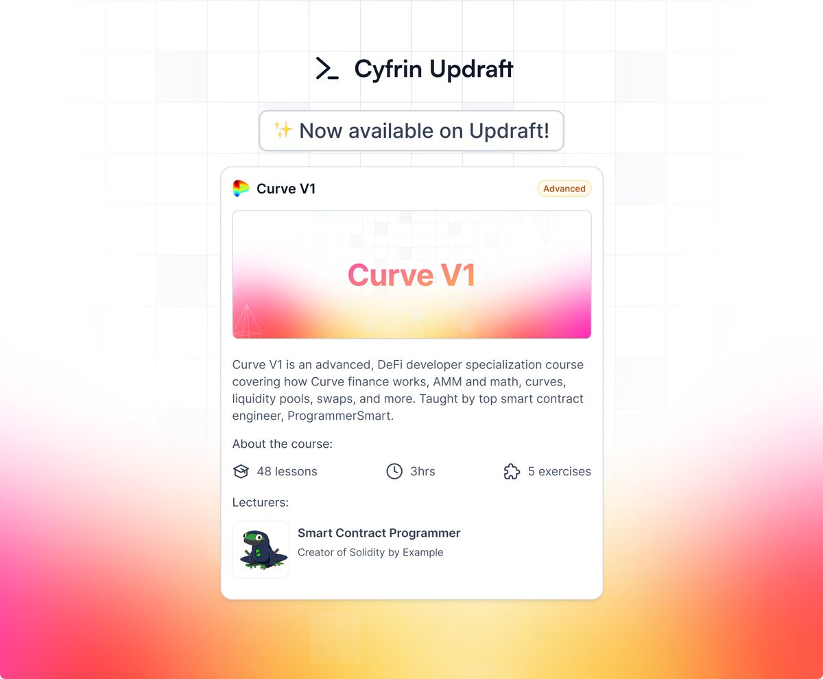 The newest 2 hour course on Cyfrin Updraft is now live:

Curve v1 💫🌟

<a href="/ProgrammerSmart/">🐸Smart🐸Contract🐸Programmer🐸</a> takes you through everything you need to know to start building with <a href="/CurveFinance/">Curve Finance</a>:
- AMM Math
- V1 contracts
- Liquidity handling

And much more 👇