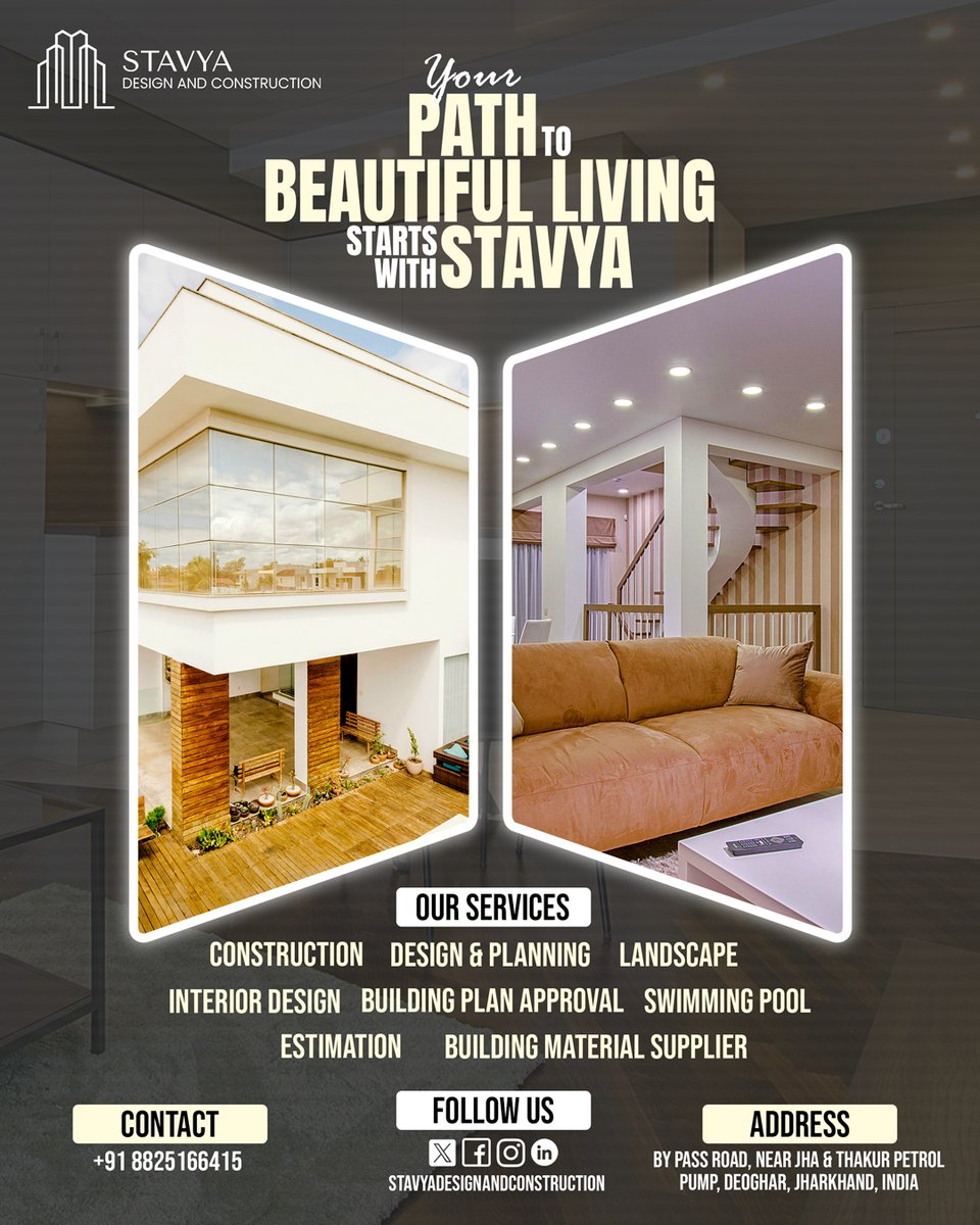 StavyaDesign's tweet image. Your path to beautiful living starts with Stavya!

Contact us today to build stunning homes, crafted with elegance and expertise.

Contact us: +91 8825166415 
Mail Us:
stavyadesignconstruction@gmail.com

#construction #jharkhand #builder #interiordesign #architecture