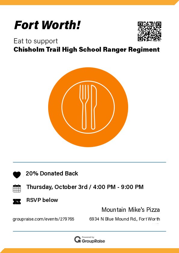 Our Mountain Mike's Pizza Fundraiser is today! Eat at Mountain Mike's Pizza on Blue Mound Road from 4:00 pm - 9:00 pm and 20% will be donated back to the Ranger Regiment.