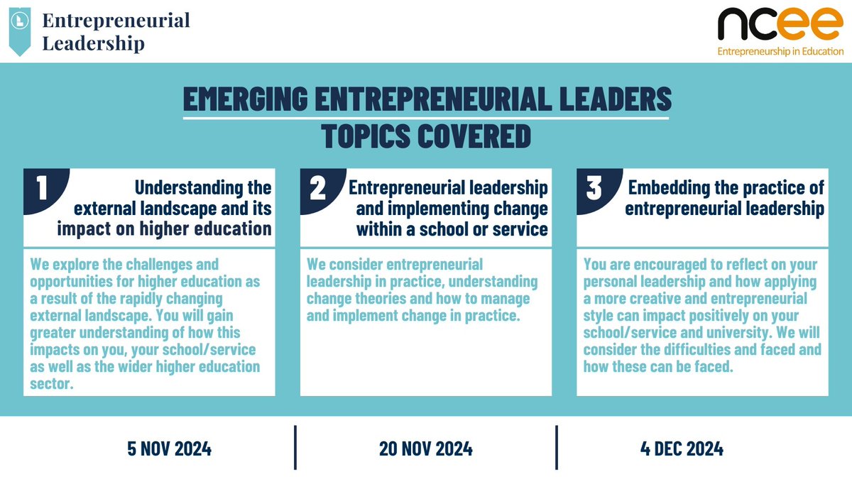 Transform your leadership with the Emerging Entrepreneurial Leaders Programme, gaining skills to innovate in higher education. eu1.hubs.ly/H0cQG4s0

Consider our Student Life Leaders programme with an additional session on 27 November 2024. eu1.hubs.ly/H0cQGZm0

#EEL24