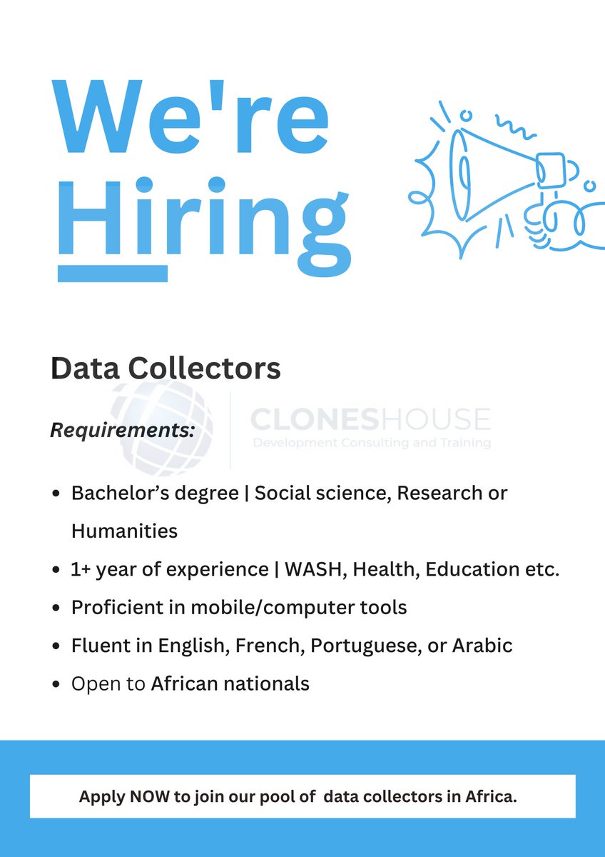 cloneshouse's tweet photo. 📢Call for Data Collectors!

Be at the forefront of informed decision-making in Africa!

#ApplyNow &amp; become a part of our exclusive Data Collectors Pool &amp; drive impactful change across the continent!

Apply here:
📌https://t.co/erupohXRT9

#MandE #JobOpportunities #DataCollectors https://t.co/GQ9ZajoCwm