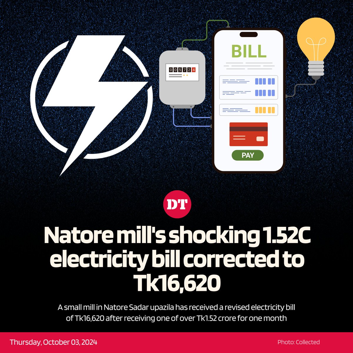 DhakaTribune's tweet photo. The Bangladesh Rural Electrification Board on Wednesday issued an apology to the customer and delivered the corrected bill.
Details:https://t.co/xJ3ZbclJny
#ElectricityBill #BillingError #BREB #Natore
#CustomerService #Accountability https://t.co/N8myEXAR1Q