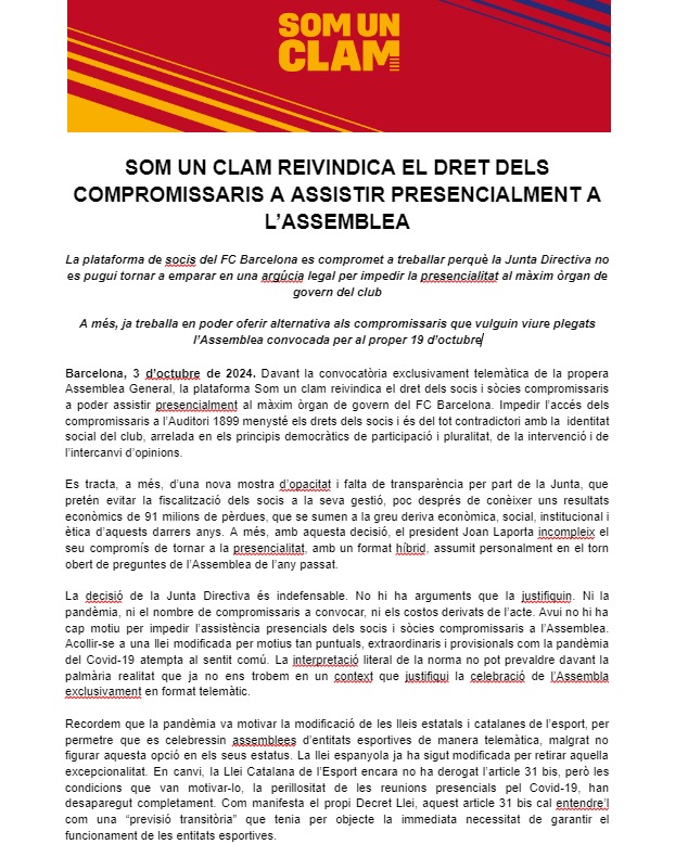 SomunclamxFCB's tweet photo. 📢 Davant la convocatòria exclusivament telemàtica de la propera Assemblea General, Som un clam reivindica el dret dels compromissaris a assistir-hi presencialment.

- Des d'avui, ens comprometem a treballar perquè la Junta Directiva no es pugui tornar a emparar en una argúcia legal per impedir la presencialitat al màxim òrgan de govern del club. 

- A més, ja treballem en poder oferir alternativa als compromissaris que vulguin viure plegats l’Assemblea convocada per al proper 19 d’octubre

#Somunclam #FCBarcelona