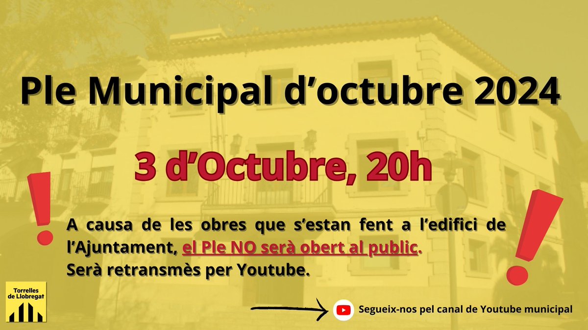 Torrelles_ERC's tweet photo. Avui, a les 20h, pots seguir el Ple Municipal ordinari d'octubre a traves de youtube. https://t.co/DH78W8zTUK