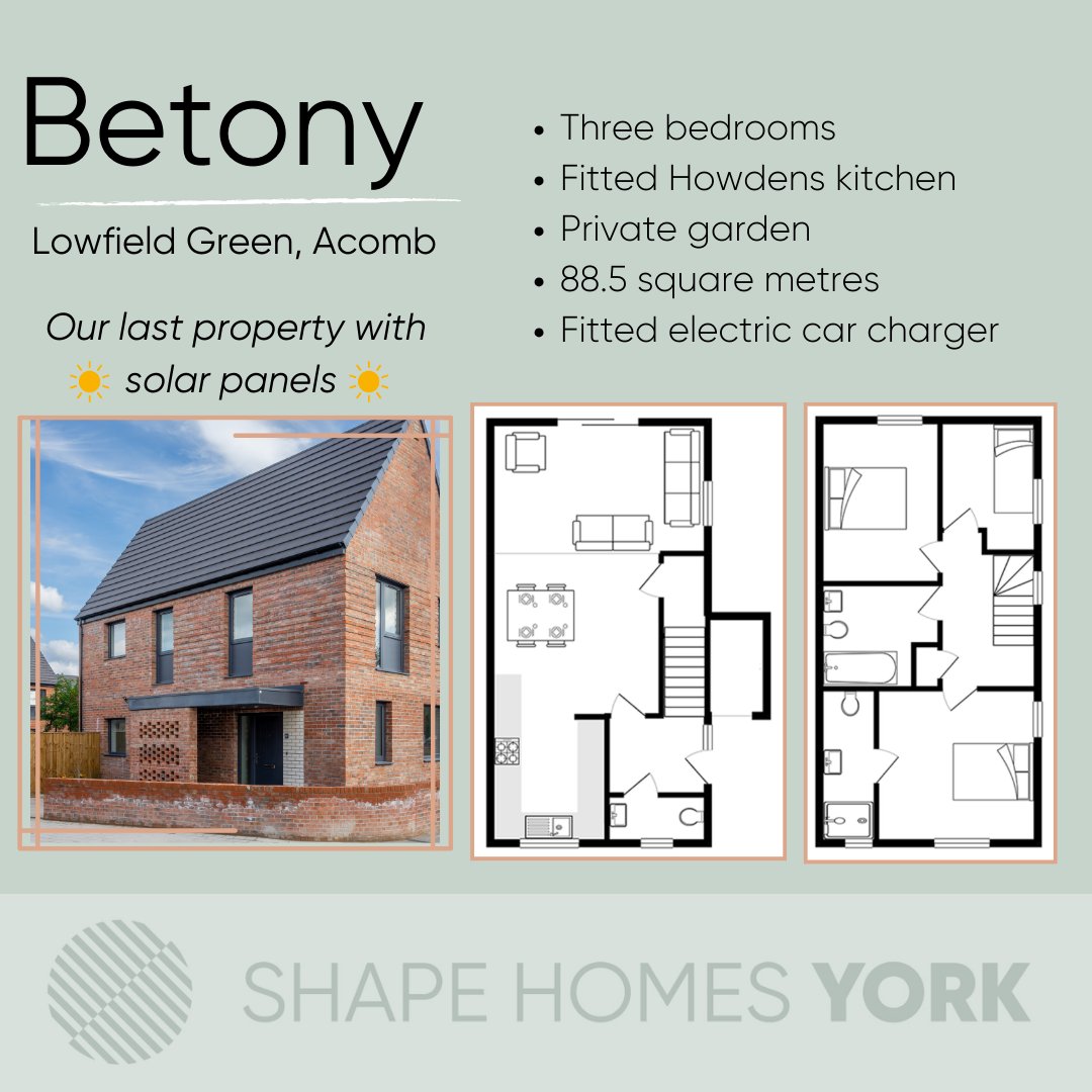 This is not only our last Betony, it's also our last property with solar panels.
 
3 Bedrooms
Open plan kitchen/diner and living area
Patio doors leading to a private garden
Fitted Howdens kitchen
 
Register your interest today info@shapehomesyork.com

#ShapeHomesYork #SolarPower