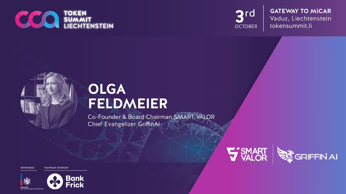 smartvalorinc's tweet photo. Today, @OlgaFeldmeier , Co-Founder and Board Chairman of SMART VALOR, is at the Token Summit in Vaduz, Liechtenstein ๐ฑ๐ฎ.
The summit will focus on the Markets in Crypto Assets Regulation (MiCAR) and its impact on the blockchain landscape.
#TokenSummit #MiCAR https://t.co/IdcXTiy69a