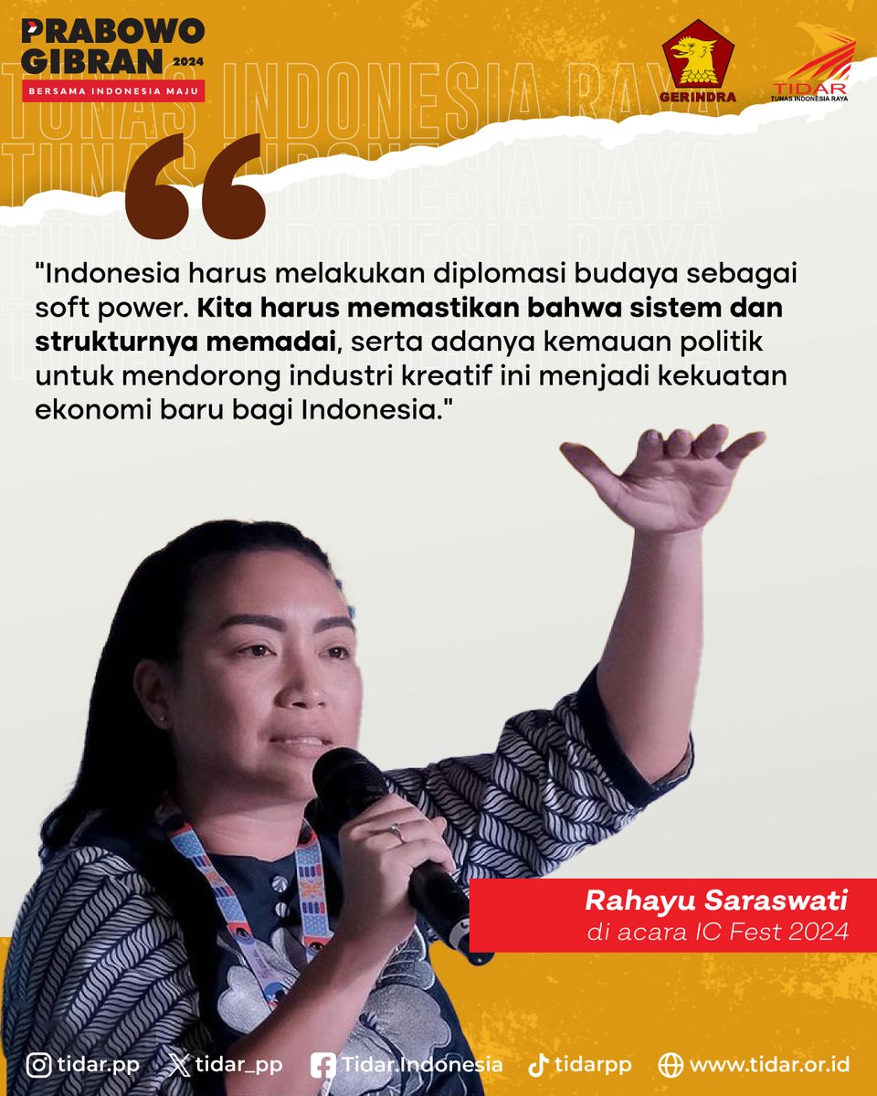 tidar_pp's tweet photo. "Indonesia harus melakukan diplomasi budaya sebagai soft power. Kita harus memastikan bahwa sistem dan strukturnya memadai, serta adanya kemauan politik untuk mendorong industri kreatif ini menjadi kekuatan ekonomi baru bagi Indonesia."
#prabowo #prabowogibran #gerindra #tidar https://t.co/bfUKzksEuA